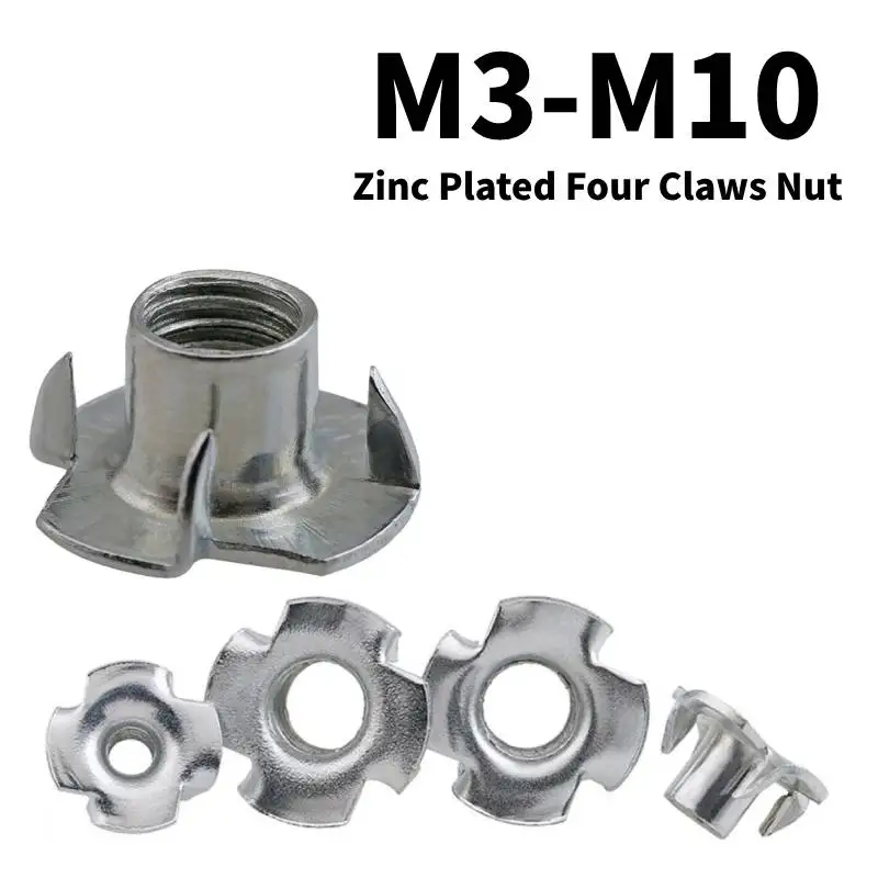 M3 M4 M5 M6 M8 M10 M12 Zinc Plated Four Claws Nut 5/10/20/50PCS Speaker T-nut Blind Pronged Insert Tee Nut Furniture Hardware