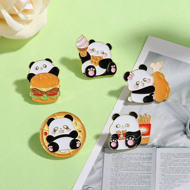 Cartoon Panda And Food Design Enamel Brooches Pizza Hamburger French Fries Ice-cream Pattern Panda Pins For Girls
