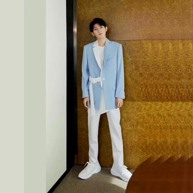 Fashion Dress Suit Men's Fresh Blue White Slim Belt Suit Coat Pants Outfits Male Singer Dance Stage Show Performance Costume