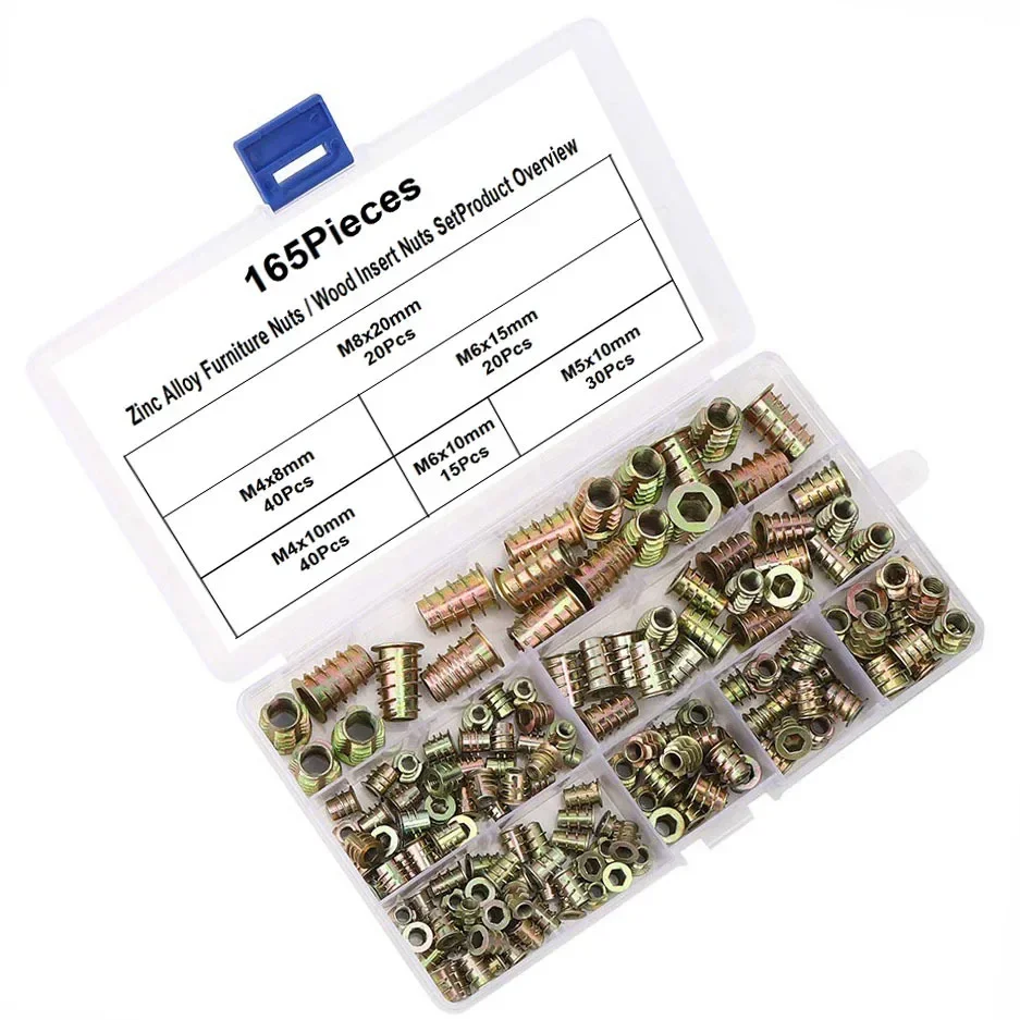 130/165/230Pcs Zinc Alloy Wood Insert Nuts Set, Furniture Threaded Inserts Nuts Assortment Kit for Wood Furniture Repair