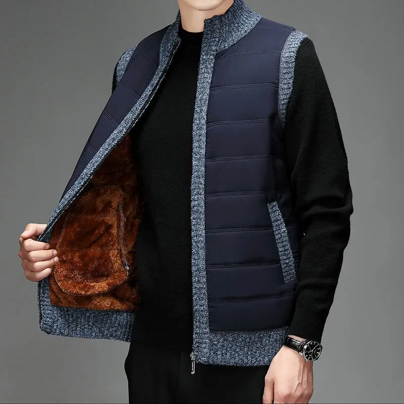 Autumn Winter New Men Fleece Thicken Jacket Vest Stand Collar Warm Fashion Casual Zipper Cardigans Knit Slim Sleeveless Coats