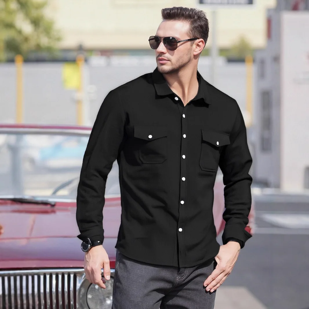 

Men's Casual Linen Shirt Pure Color Large Pocket Outerwear Independent Station Bestseller Big Size Cross-Border Men's Fashion