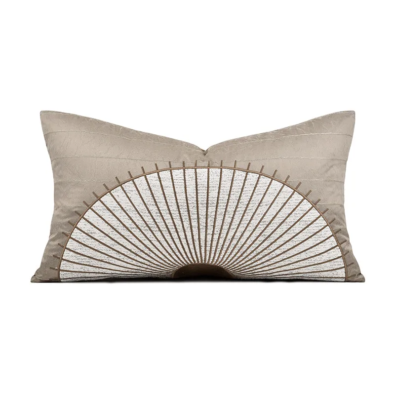 

Fan Pattern Lumbar Pillow Cover | Elegant Beige Embroidered Cushion Case | Modern Japanese Wabi-Sabi Style Sofa Bedroom Decor