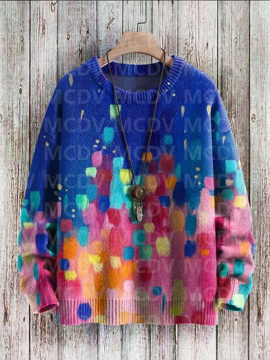 Sweater rajut pria wanita, Pullover rajut warna biru grafiti kasual pria dan wanita