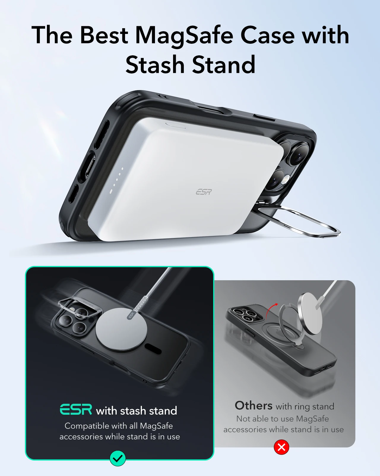 ESR dla iPhone 15 Pro Max Etui MagSafe ze stojakiem Wojskowe etui na telefon dla iPhone 16/15/14/13 Pro Odporny na zarysowania tył C — zdjęcie produktu 3