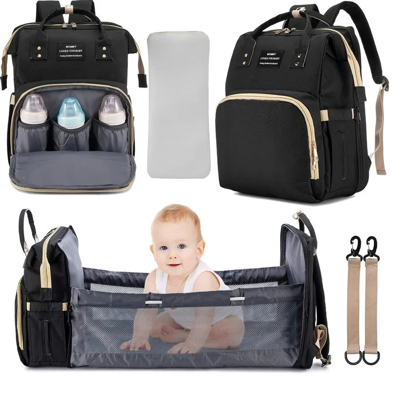 2023 New Diaper Bag Backpack Foldable Baby Crib with Changing Pad USB Interface Babies Bags Station Pañaleras Para