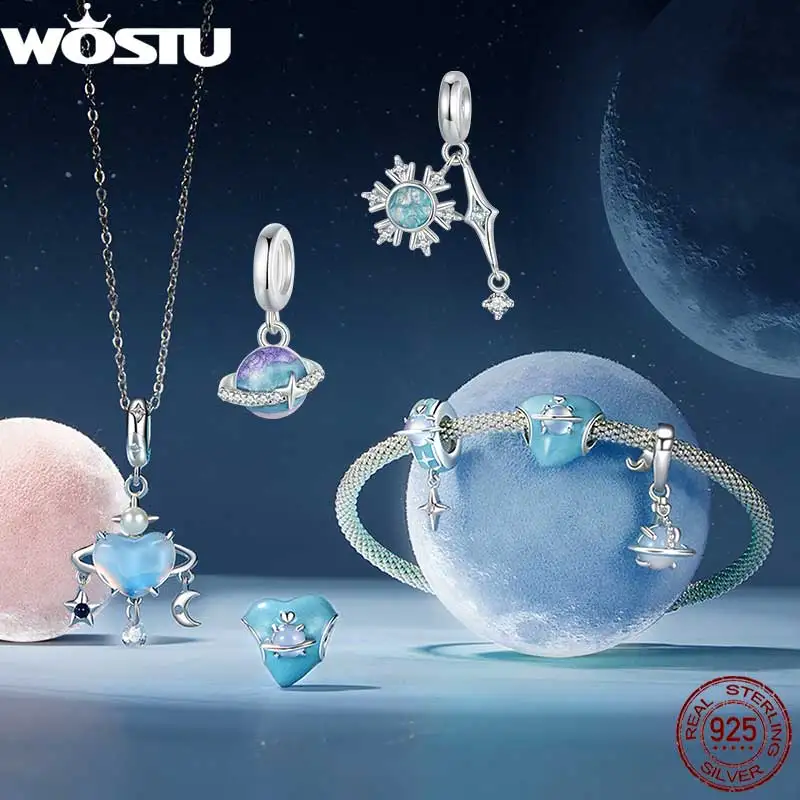 WOSTU 925 Sterling Silver Blue Planet Charms Pendant Star Stopper Beads Fit Original Bracelet Neckalce Girl Birthday DIY Gift