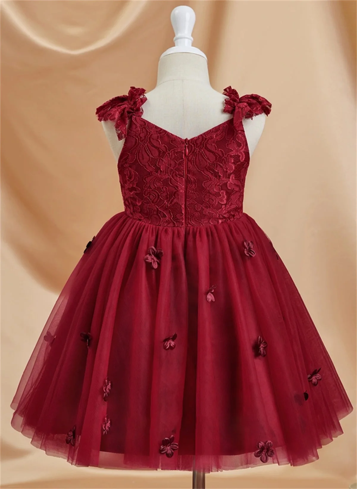 Robe de mariée à fleurs pour filles, col rond, nœud en fibre, jupe bouffante rouge, dentelle, fermeture éclair, taille de document personnalisée, robe éducative