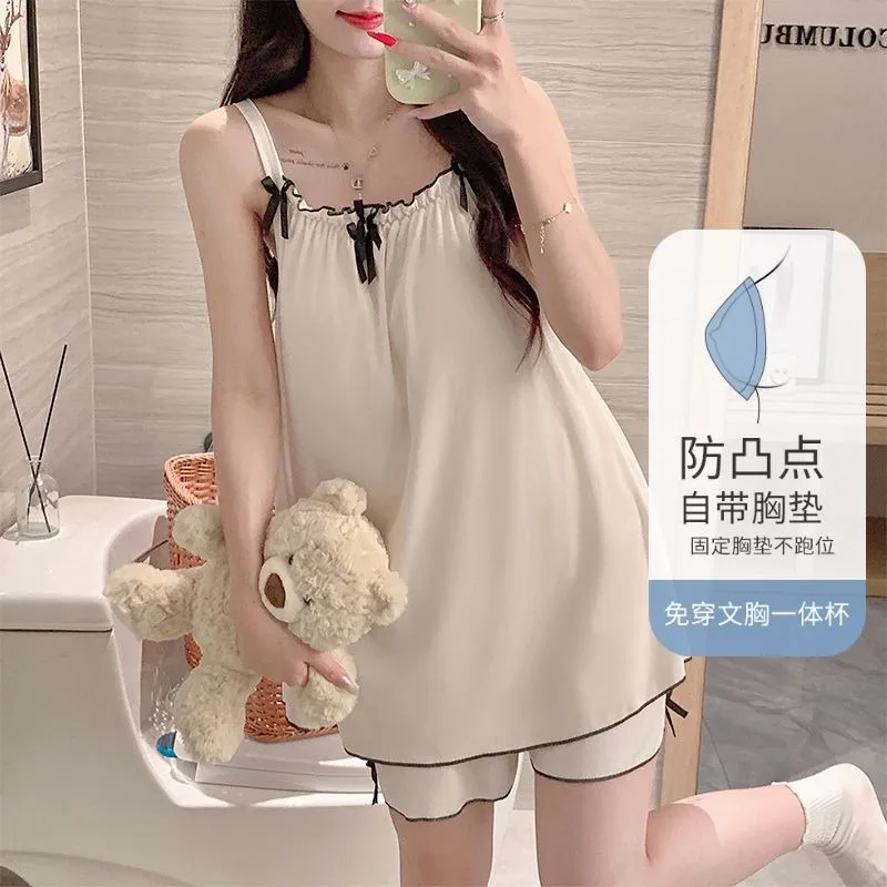 

Suspender Shorts Pajamas Set Women Korean Solid Simple Sleepwear with Padded Bra Ice Silk Seemless Loungewear Loose Home Clothes