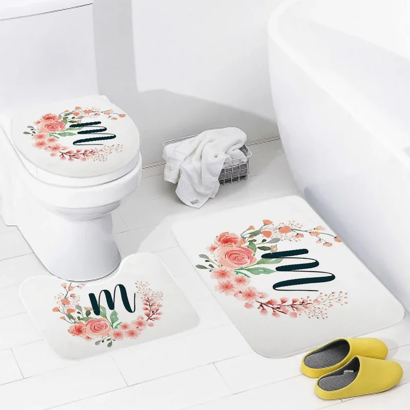 3pcs Letters and wreaths home bathroom floor mats Bath mat modern bathroom accessories rug Toilet mat Bathtub anti-slip carpet