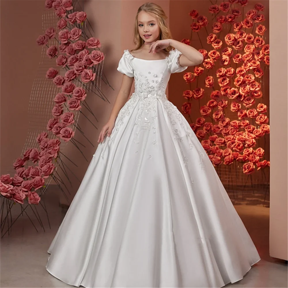 Satin Flower Girl Dress For Wedding Off Shoulder Applique Beading Elegant Birthday Pageant Gowns First Communion Dress