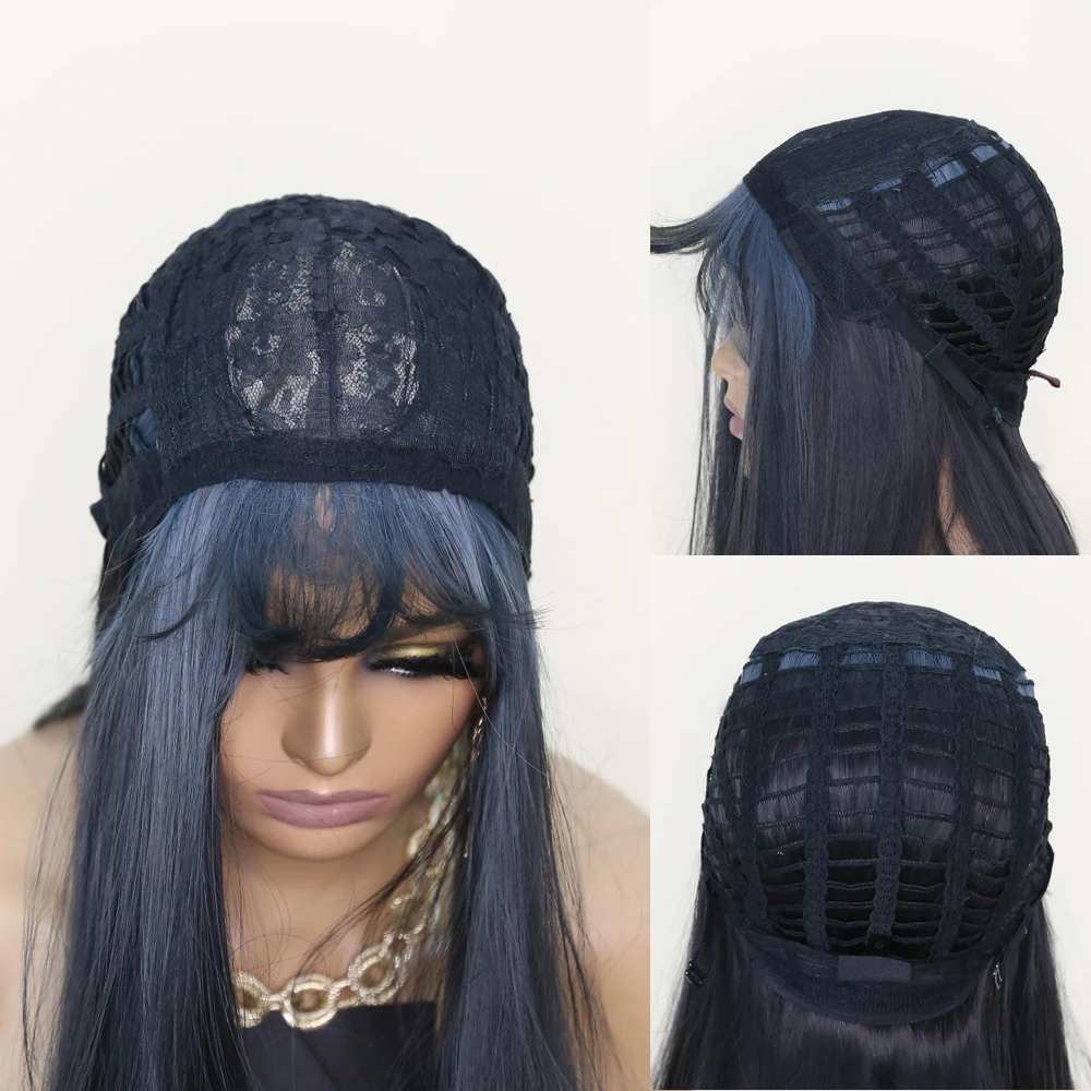 Synthetic Wigs Long Silk Straight wig with Bangs Lake Blue color Cosplay Wigs For Woman Heat Resistant Fibre Full Mechanism wig