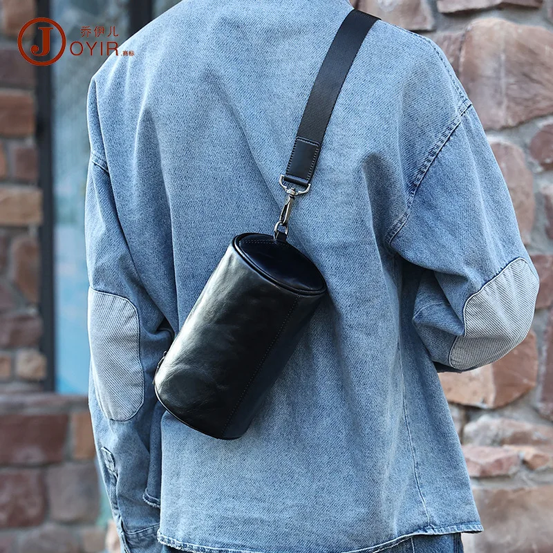 

Leather Cylinder Men's Bag Cattlehide Leather Fashion Shoulder Bag Satchel Men's Skeleton-Skin Fashion Brand Casual Messenger Ba