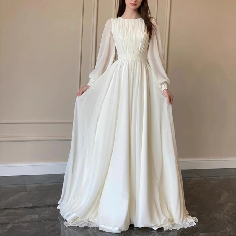 

Chic Round Neck Elegant Lantern Sleeve Pearl Organza White Dress Women for Formal Occasions