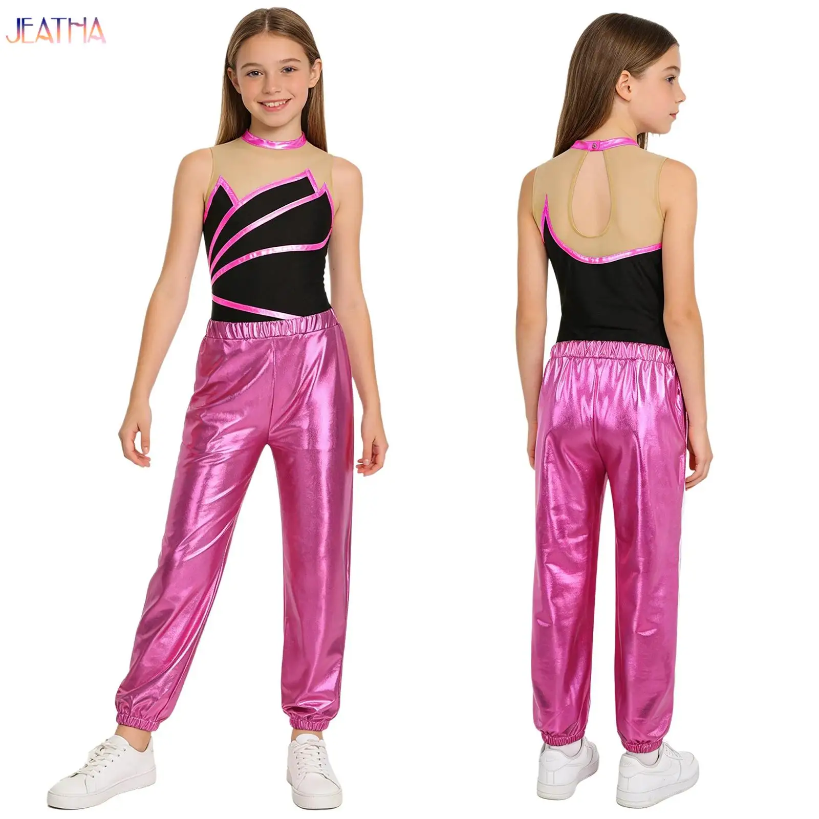 

Kids Girls Sleeveless Ballet Dance Leotard with Metallic Pants Children Rhythmic Gymnastics Leotard for Girl Skating Bodysuit