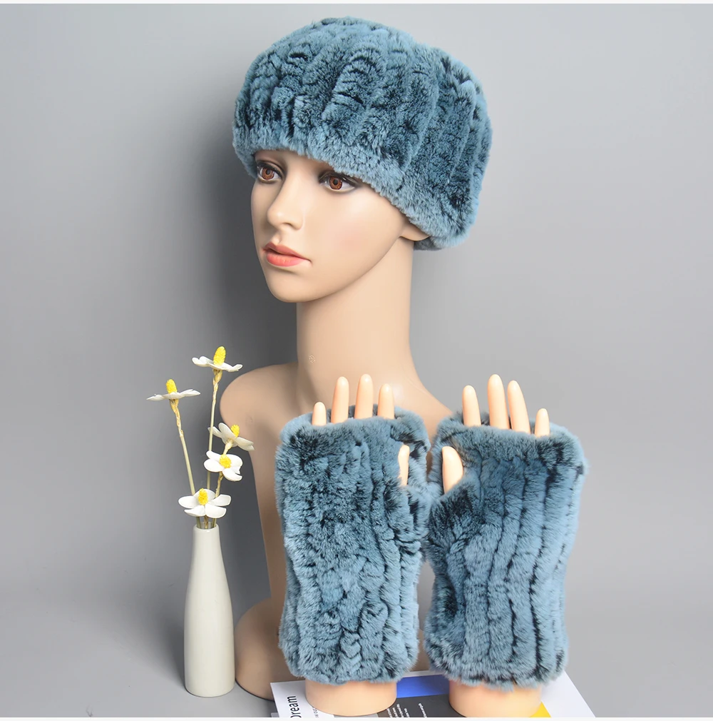One Set Women Real Rex Rabbit Fur Cuff+Headband Winter Warmer Hat Arm Wrist Sleeve Gloves Female Real Fur Cap+Elastic Wristband