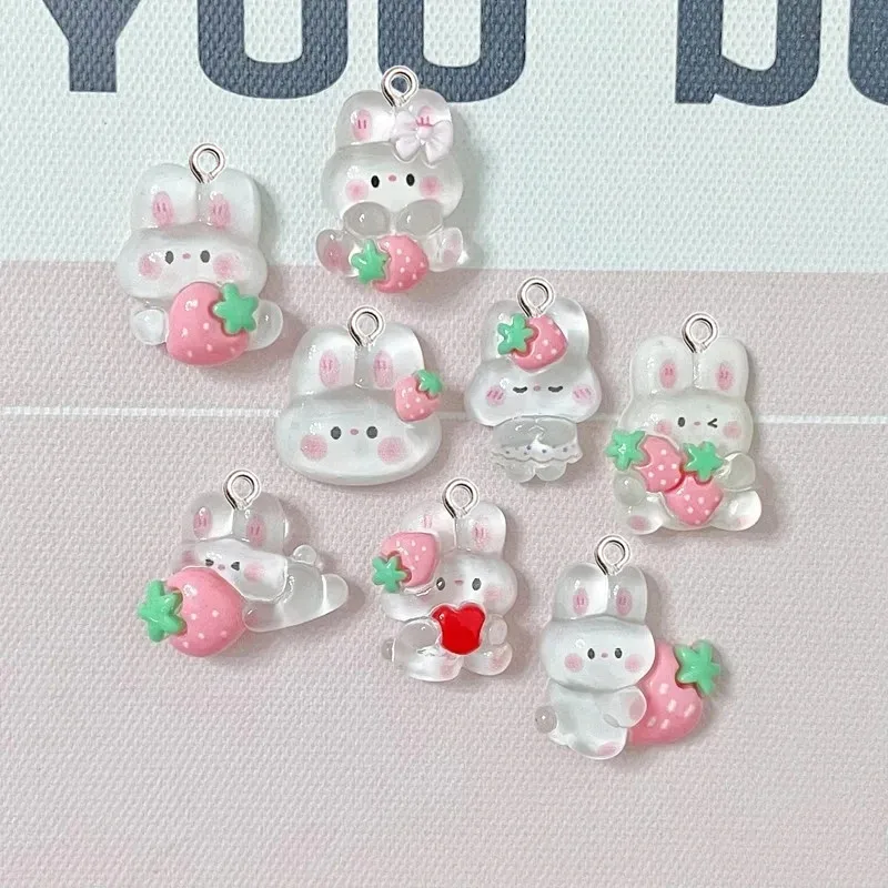 10Pcs Transparent Strawberries Rabbit Resin Pendant DIY Earrings Necklace Pendants Bracelet Keychain Decoration Flat Back Resin