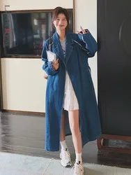 LANMREM Retro Denim Trench For Women Notched Long Sleeves Open Stitch Lace-up Gathered Waist Coats 2024 New Clothing 2Z1210