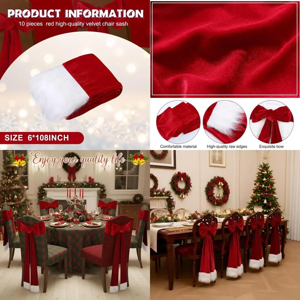 

Set of 10 Burgundy Red Velvet Chair Sashes with Large Red Bows and White Fluff for Christmas, Weddings, and Holiday Parties