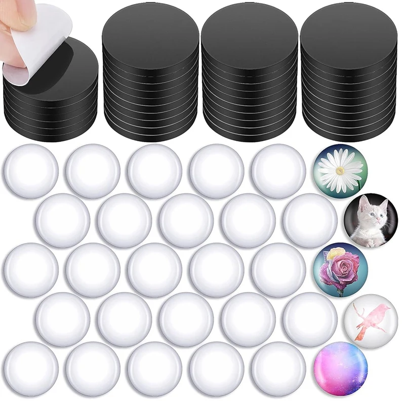 Fridge Magnets For DIY Crafts Sets Round Magnetic Discs With Clear Dome Cabochons Glass Magnets Discs (48 Sets) Durable Black