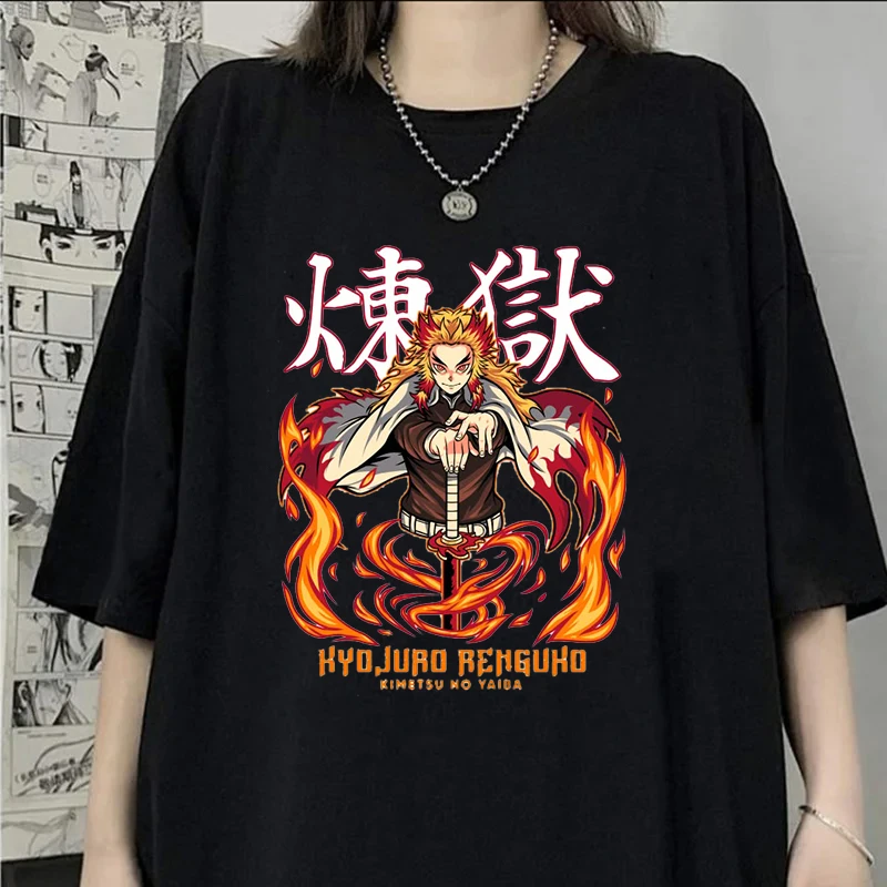 Горячие футболки с принтом Rengoku Kyoujurou, модные повседневные топы унисекс, летние футболки с короткими рукавами в стиле аниме Harajuku