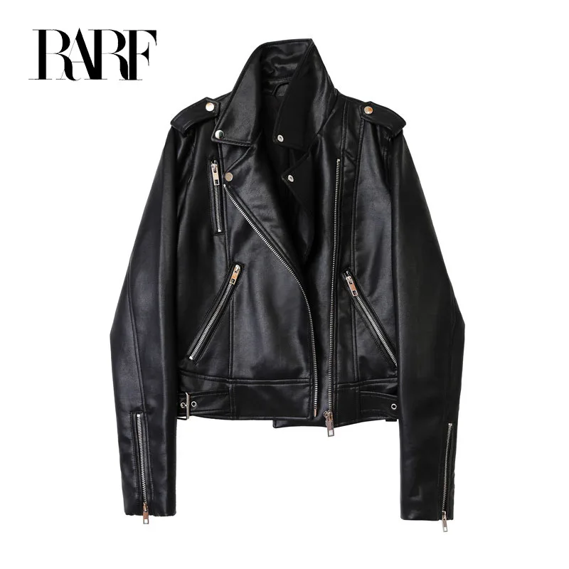 RARF 2024Women\'s Spring  Black faux-leather jacket Casual zipper and belt Cycling jacket Casual jacket jacket