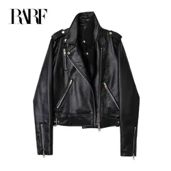 RARF 2024Women's Spring  Black faux-leather jacket Casual zipper and belt Cycling jacket Casual jacket jacket