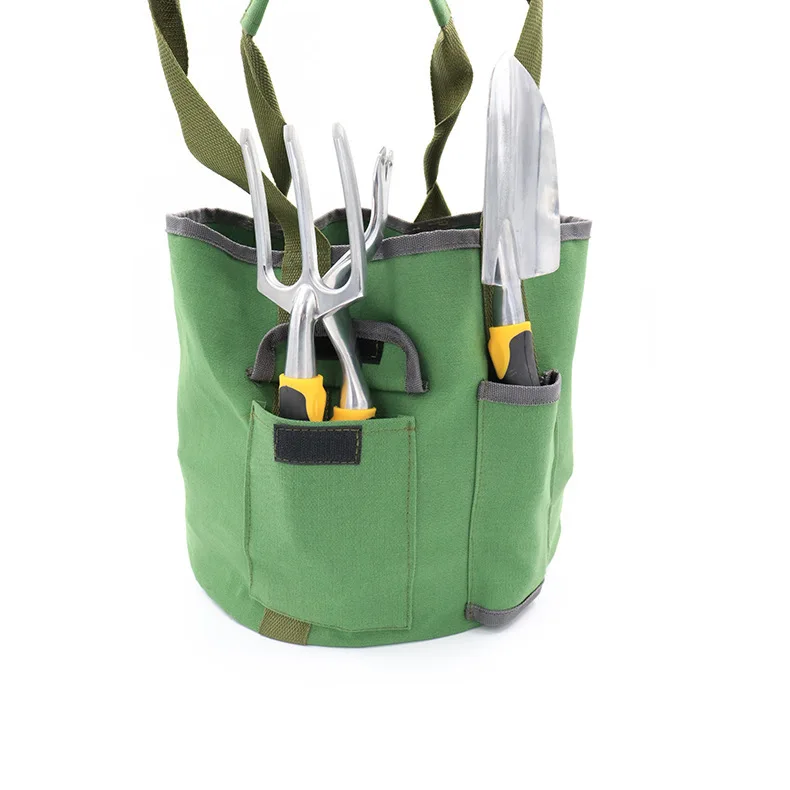 

Garden tool bucket bag army green canvas gardening tool storage bag with pocket D11.8*H11.6inch