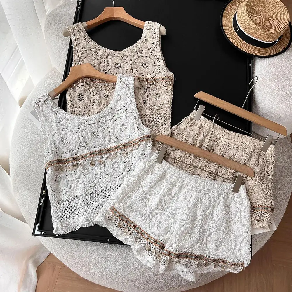 Summer Holiday Knitted Two Pieces Sets Hollow out Sleeveless Tank Top + High Waist Shorts Bohemian fringed Women Beach Set