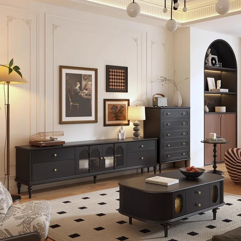 

French retro TV cabinet, living room home solid wood medium and antique high floor cabinet 2025 new TV cabinet cabinet
