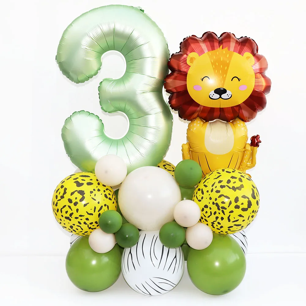 35 pz/set 32 pollici numero verde oliva animale leone palloncini Set Wild One Jungle Safari 1 2 3 4 5 6 anni decorazioni per feste di compleanno