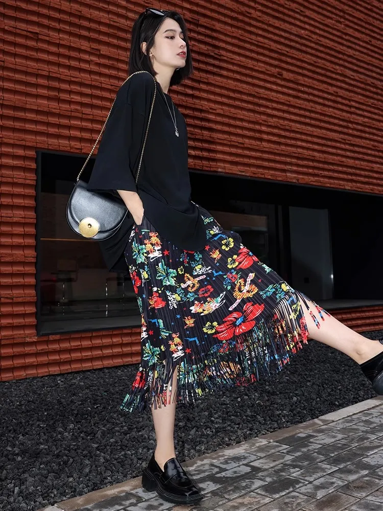 

Retro Print ASH Skirt Women's Summer 2026 New Street Fringe A-Line Skirt Pleated Half-length Skirt Commute Style Polyester Fiber