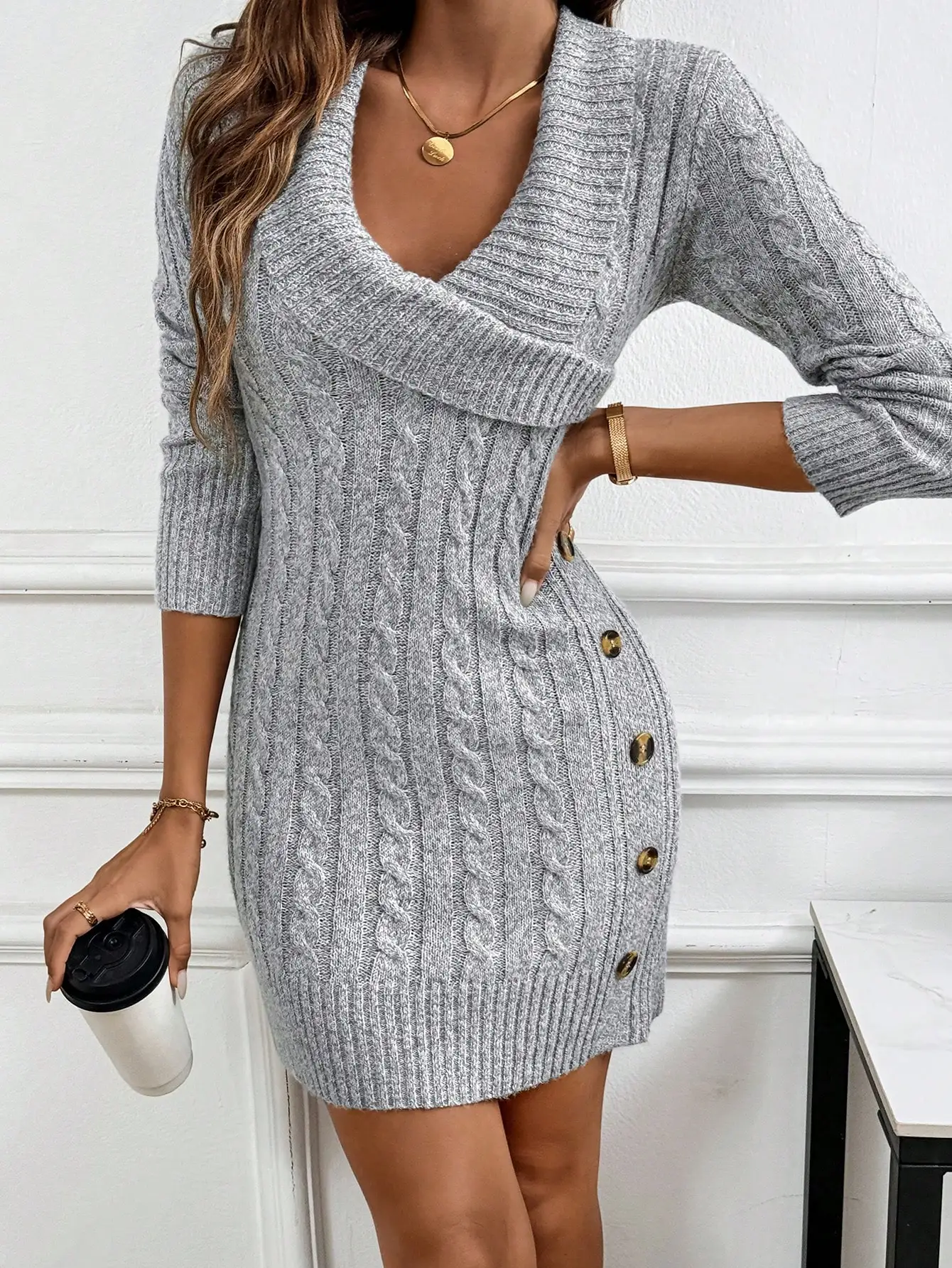 Xyvia Collared Knitted Long Sleeve Comfy Sweater Dress Fall Winter Cloth For Women