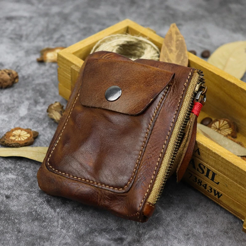 Genuine Leather Home Car Key Bag Vintage Handmade Cowhide Coin Purse Men and Women Zipper Mini Wallet Card Holder