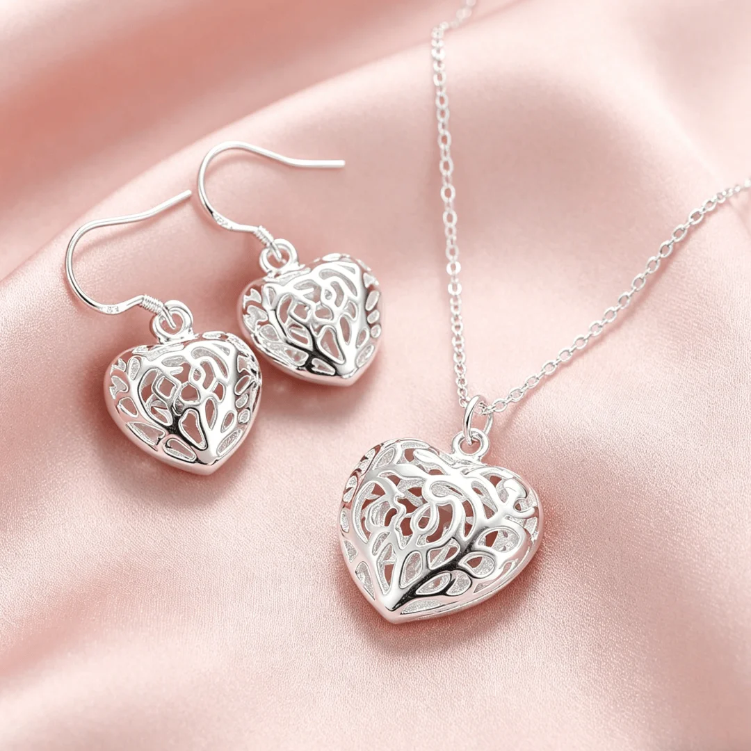 Popular brands 925 Sterling Silver Lucky Hollow heart Pendant necklace earrings Jewelry set for women Fashion Party Holiday gift