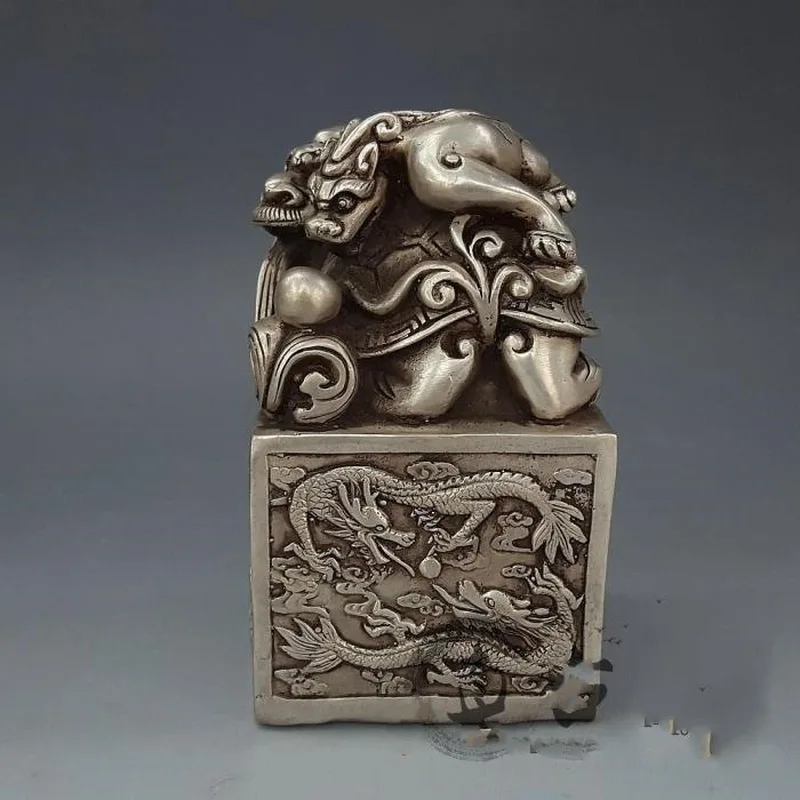 Antique Miscellaneous Items: Antique-Style Bronze, White Bronze, Brass, Silver-Plated Dragon Seal Ornament, Double Dragon Seal,