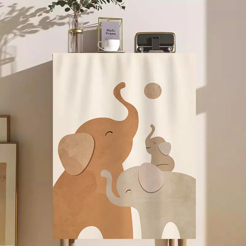 VIKAMA Boho Elephant Family Cabinet Curtain Self-adhesive Dustproof Cover for Kitchen Wardrobe Bookshelf Home Decor