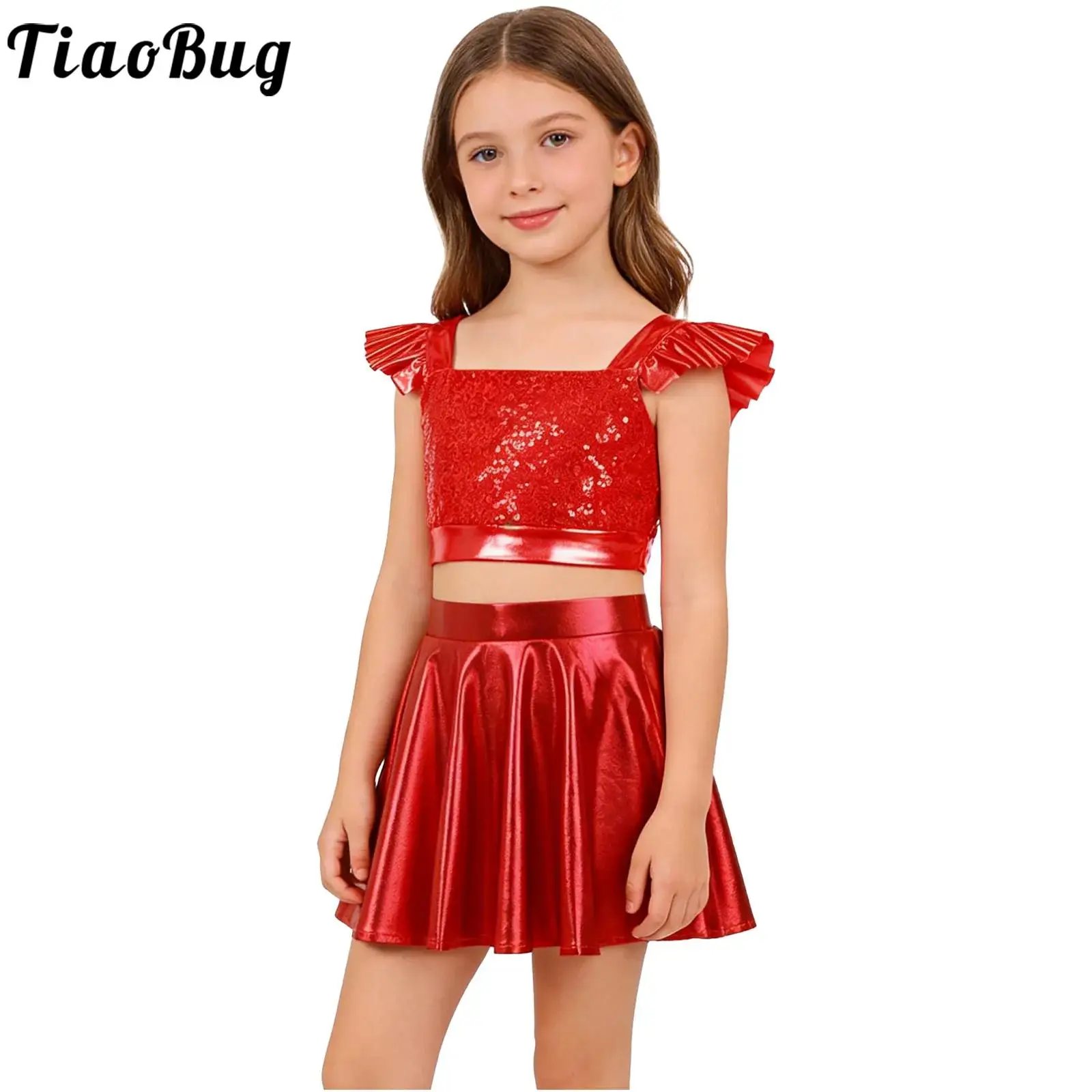 Teen Girls Metallic Jazz Hip Hop Dance Costume Cheerleading Outfit Ruffled Sleeves Sparkly Sequins Crop Tops with Flared Skirt