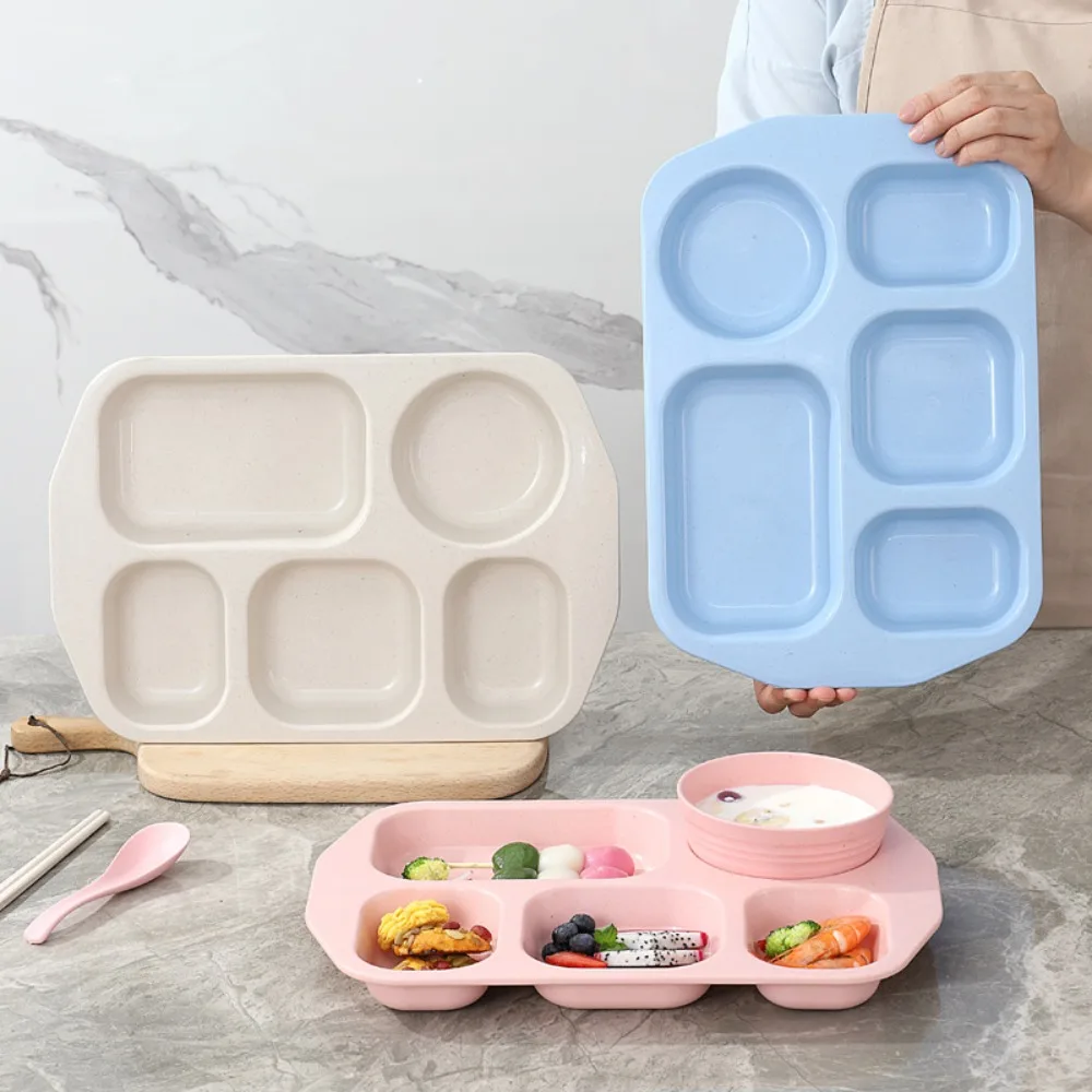 5 Compartment Divided Student Meal Plate Set Microwave-safe with Bowl and Tableware Fat-Loss Meal Plate Plastic Drop-proof