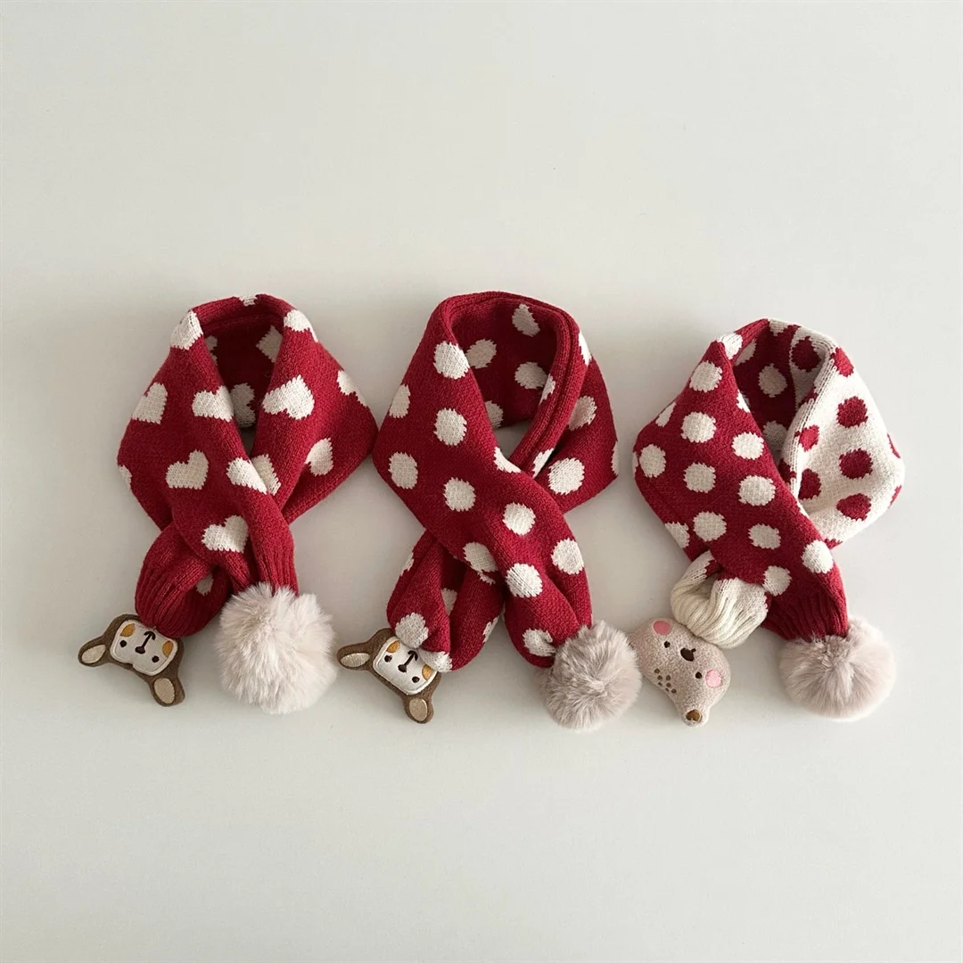 Winter Soft Knit Kids Scarf Warm Windproof Cute Fuzzy‑Pom Girls Cross Scarf 3D Cartoon Animal Contrast Jacquard Children Scarf