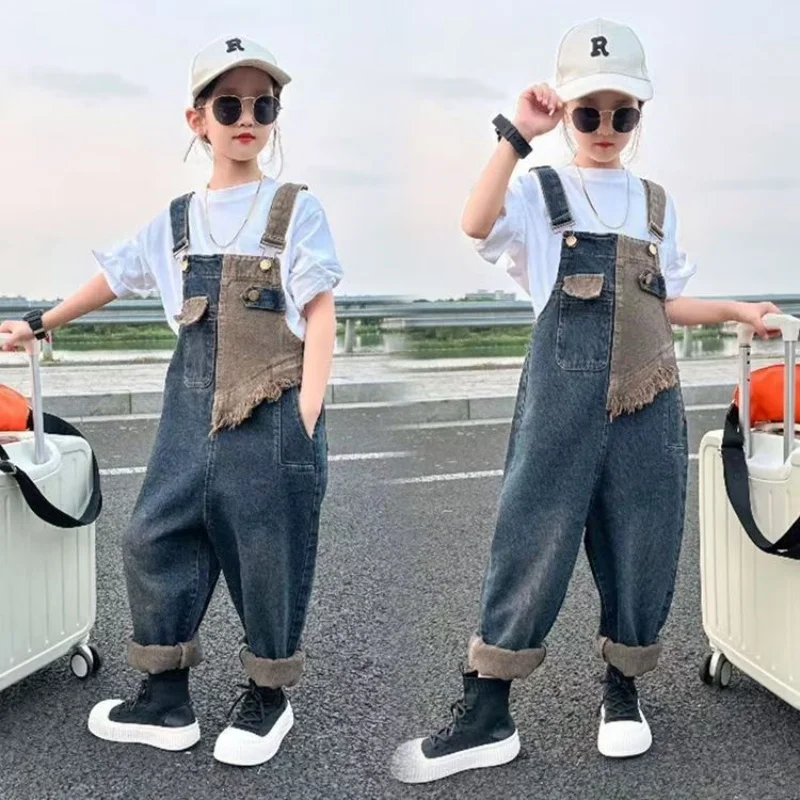 

Girls' Denim Overalls 2025 Spring and Autumn New Korean Version Spliced Jeans Youth Personalized Fashion Jumpsuit