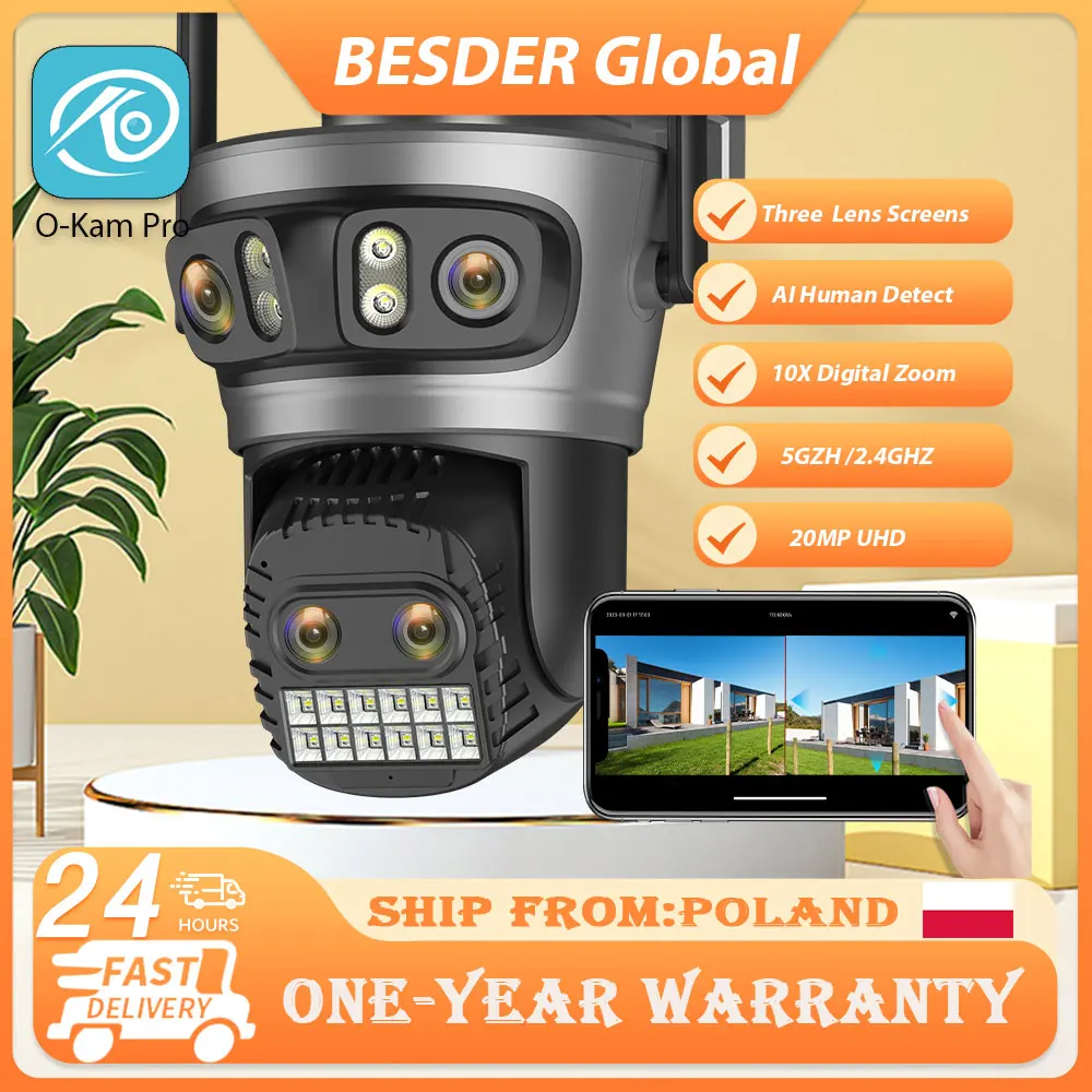 Telecamera Wifi 20MP 10K Quattro Schermi 360 ° Nessuna telecamera di sorveglianza esterna con zoom 10X a lungo raggio ad angolo morto Telecamera di sicurezza HD 5G