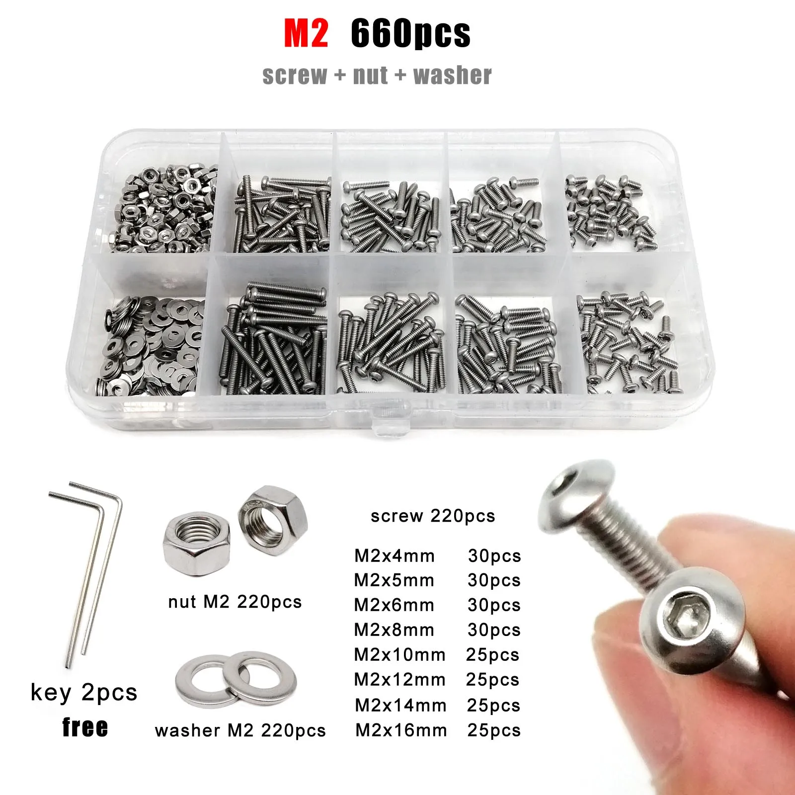 1 Set M1.6 M2 M2.5 M3 M4 M5 M6 M8 ISO7380 304 Stainless Steel Allen Hexagon Hex Socket Button Head Screw Bolt Nut Washer Kit Box