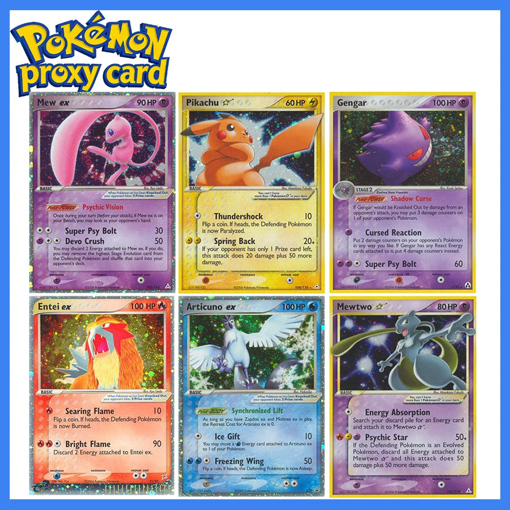 Cartas PTCG Raras Holo Star Cards Mewtwo Pikachu Entei Raikou Gengar Coleção de Cartas de Jogo Cartas Individuais com Efeito Metalizado Cartas Proxy Pokémon