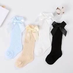 Baby Girls Socks Summer Fall Toddlers Bow Long Sock Kids Knee High Soft Cotton Mesh Bow Decorative Lace Stocking 0-3Year