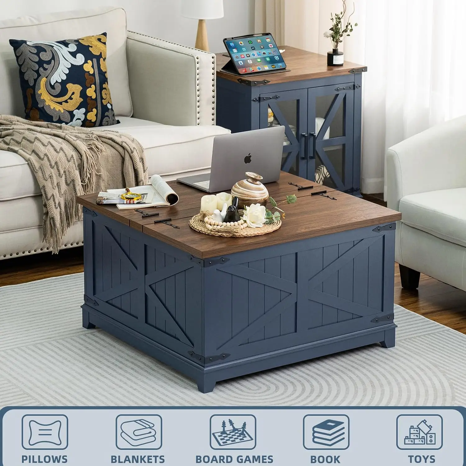 Square Farmhouse Lift‑Top Coffee Table with Large Hidden Storage Compartment, Wood Center Accent Table, Navy Blue for Living Room and Home Office