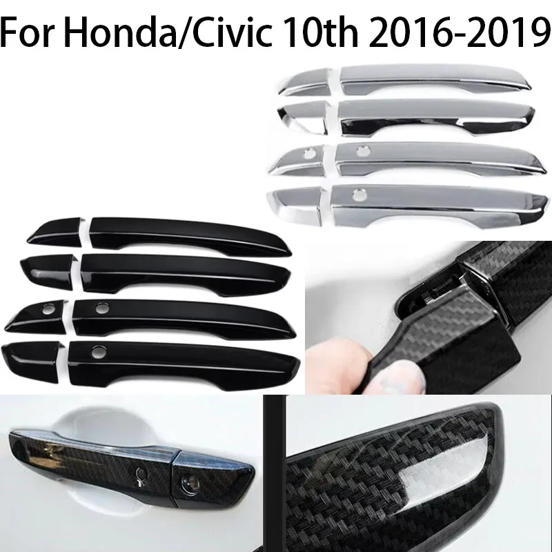 

Для Honda/Civic 10-й поколения 2016–2019 гг. Крышки, накладки, защита и наклейки для ручек дверей автомобилей, стиль серебристый/черный/углеродное волокно.