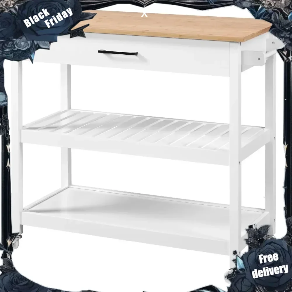 

Width Kitchen Island Cart on Wheels, 3 Tiers Rolling Utility Cart with Solid Wood Top and Drawer & 2 Spacious Storage Shelf