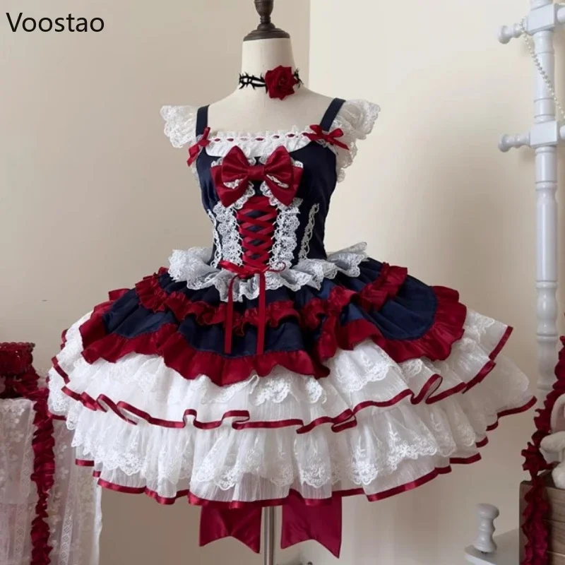 Giapponese Dolce Lolita Jsk Vestito Delle Donne Kawaii Del Merletto Increspature Arco Della Fasciatura Sottile Abiti Da Principessa Delle Ragazze Y2k Carino Tea Party Mini Vestito