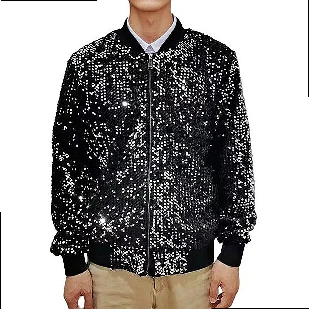 Men's Sequin Blazer Sparkle Baseball Coat Shiny Blazer Tops Stage Performance Blazers